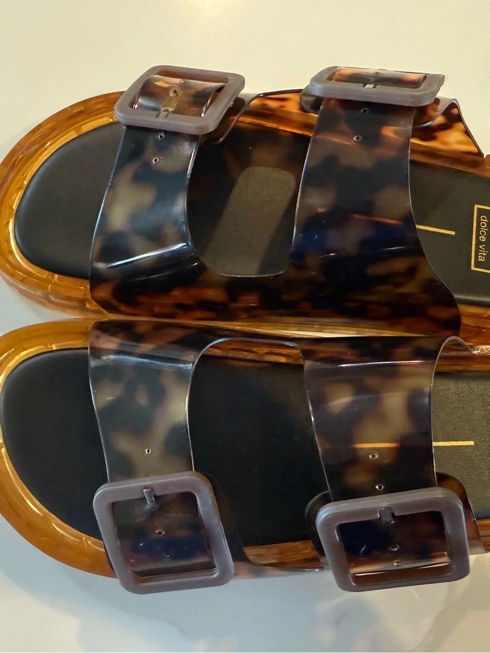 Dolce Vita Tortoiseshell Brown Clear Buckle Slide Sandals